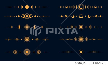 Mystic celestial divider borders with esoteric magic symbols, vector set. Golden border dividers with sun, moon and stars, mystic celestial decorations for esoteric Tarot frames or sacred geometry 131182178