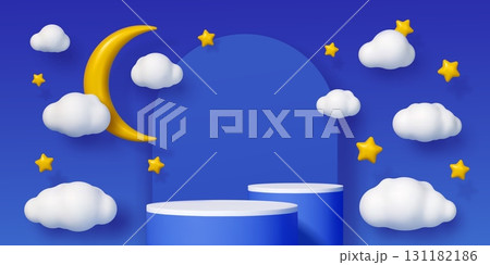 Kids podium stage with midnight moon, stars and clouds in sky, vector product display. Kids podium stand on blue background with platforms in dream clouds, moon and stars for baby bedtime good night Kids podium stage with midnight moon, stars and clouds in sky, vector product display. Kids podium stand on blue background with platforms in dream clouds, moon and stars for baby bedtime good night 131182186