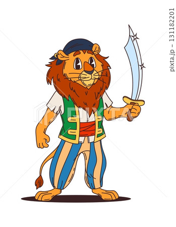 Cartoon lion animal pirate character or corsair ship crew, vector funny personage. Lion in sailor bandana with saber sword or dagger dirk as Caribbean corsair boatswain and skipper cartoon character 131182201