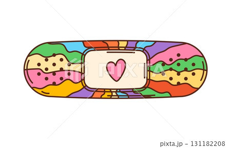 Retro bandage with rainbow and heart groovy symbol. Hippie retro sticky bandage with rainbow print and pink heart vector object. Wound or injury medicine treatment plaster funky 80s groovy sticker 131182208