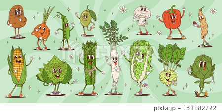Cartoon groovy vegetable characters with funny faces and funky smiles, cartoon vector personages. Groovy potato with onion and asparagus or corn character with happy smile and hippie finger gestures 131182222