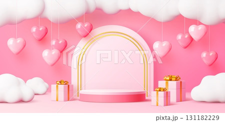 3d pink Valentine podium stage with gifts and heart balloons, holiday pedestal on pink background. Realistic vector circular platform with gold accents for romantic celebration or festive presentation 3d pink Valentine podium stage with gifts and heart balloons, holiday pedestal on pink background. Realistic vector circular platform with gold accents for romantic celebration or festive presentation 131182229