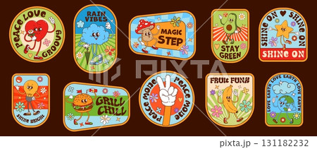 Hippie groovy label stickers and y2k patches set. Vector retro groovy heart, flower, banana and mushroom characters patch stickers. Hippie love, peace and good vibe y2k cloud, burger and star labels 131182232