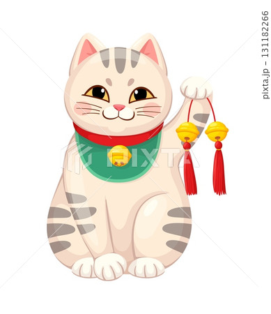 Maneki neko Japanese lucky cat with Chinese golden bells of luck and fortune, cartoon vector. Maneki neko cat or animal toy character with Chinese golden bells for luck, prosperity and fortune symbol Maneki neko Japanese lucky cat with Chinese golden bells of luck and fortune, cartoon vector. Maneki neko cat or animal toy character with Chinese golden bells for luck, prosperity and fortune symbol 131182266