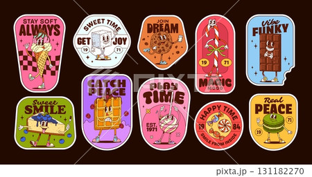 Sweets groovy stickers and desserts hippie patches with funny pastry cartoon vector. Sweet dessert stickers with funky characters of chocolate cookie, groovy lollipop with funny face and cheesecake Sweets groovy stickers and desserts hippie patches with funny pastry cartoon vector. Sweet dessert stickers with funky characters of chocolate cookie, groovy lollipop with funny face and cheesecake 131182270