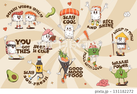 Retro y2k groovy stickers of cute cartoon sushi characters with playful expressions and fun quotes like rice and shine, stay cool, wasabi power. Vector patches for food and Japanese pop culture lovers 131182272