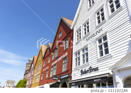 Bergen, Norway - June 11, 2022 : A row of old Hanseatic commercial buildings in Bryggen, Norway on June 11,2022. 131182286