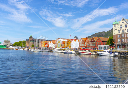 Bergen, Norway - June 11, 2022 : A row of old Hanseatic commercial buildings in Bryggen, Norway on June 11,2022. 131182290