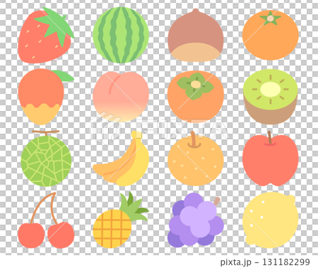Cute seasonal fruit icon set - 16 colorful flat illustrations 131182299