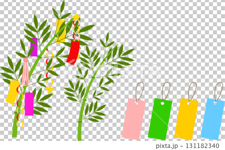 七夕竹飾品插圖。竹葉和竹子，配上編織飾品和星星的框架。 131182340