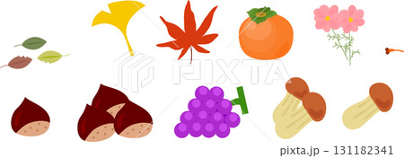秋の落ち葉セット,秋,イラスト,きのこ,栗,柿,いちょう, 131182341