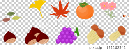 秋葉套裝，秋天，插圖，蘑菇，栗子，柿子，銀杏， 131182341