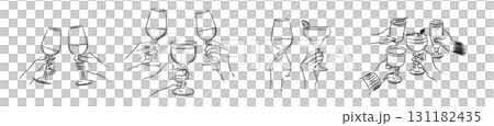 手描き風落書き風のワイングラスを持った人々の手 131182435