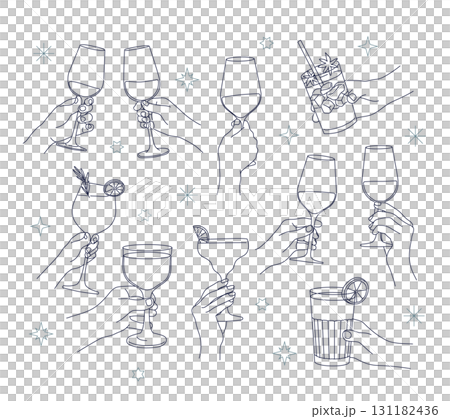 人們的手拿著線條簡單的酒杯。派對 131182436