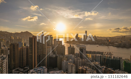 Aug 1 2025 Golden Hour View of Victoria Harbour and Skyline Aug 1 2025 Golden Hour View of Victoria Harbour and Skyline 131182646