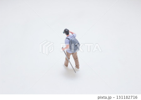 a Miniature Explorer Photographer With Backpack, Camera, 131182716