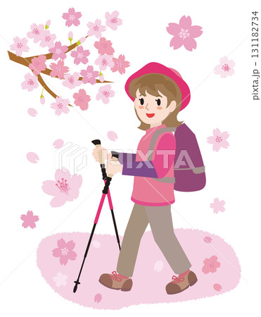 春にトレッキングをする女性のイラスト 131182734