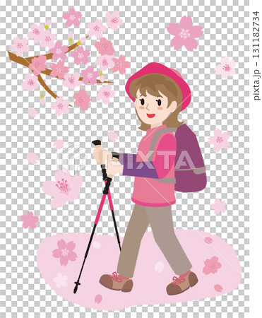Illustration of a woman trekking in spring Illustration of a woman trekking in spring 131182734