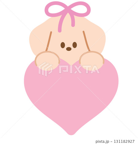 Cute illustration of puppy and pink heart blank space to insert text for text bubble, label, sticker, animal, pet shop, vet, adopt and rescue animals, dog cartoon, print, Valentine's Day, name tag 131182927