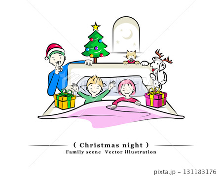 クリスマスの夜！サンタパパと猫とトナカイダルメシアンが寝ている子供達にプレゼント｜家族シリーズ 131183176