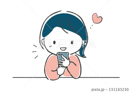 手描き　スマートフォンの画面を見て嬉しい表情の女性 131183230