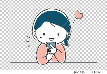 手描き　スマートフォンの画面を見て嬉しい表情の女性 131183230