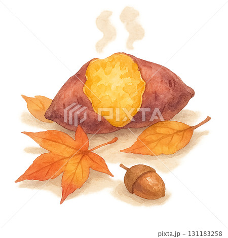 焼き芋と落ち葉の水彩イラスト素材 秋の食べ物と季節モチーフ PNG 131183258