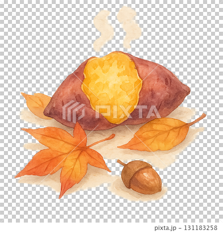 焼き芋と落ち葉の水彩イラスト素材 秋の食べ物と季節モチーフ PNG 131183258