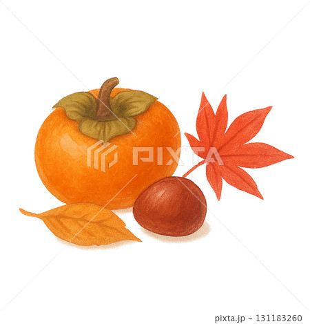柿と栗と紅葉の水彩イラスト素材 秋の味覚と季節の果物 PNG 131183260