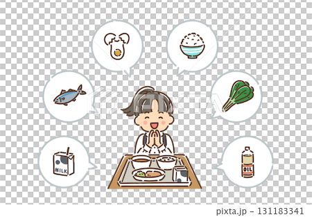 給食の前で笑顔で手を合わせていただきますをしている女の子（フルカラー） 131183341