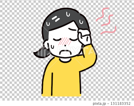 汗をかく暑そうな私服の若い女性(上半身・正面) 汗をかく暑そうな私服の若い女性(上半身・正面) 131183352