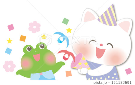 お誕生日おめでとう_クラッカーを鳴らすねことカエル 131183691