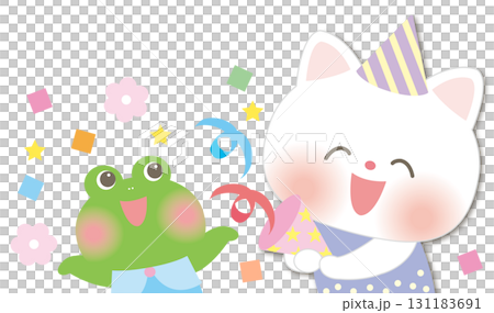 Happy Birthday_Cat and frog popping a cracker 131183691