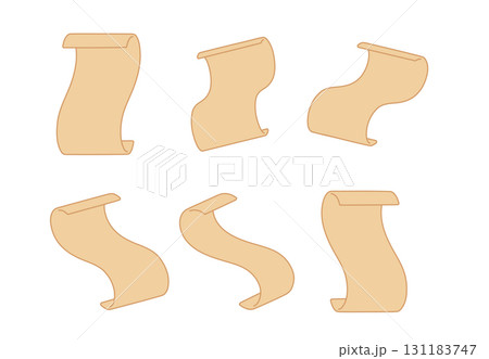 Flat line art illustration of parchment scrolls in different angles and perspectives. Minimal vintage paper, document, certificate or map isolated on white background Flat line art illustration of parchment scrolls in different angles and perspectives. Minimal vintage paper, document, certificate or map isolated on white background 131183747