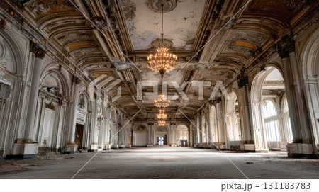 Vast empty grand ballroom with dusty chandeliers, ornate ceiling, and decaying elegant 131183783