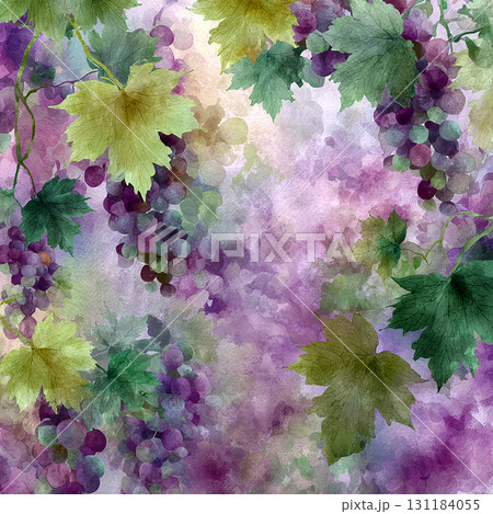 ぶどうの水彩背景イラスト 秋の果物と葡萄柄の抽象デザインテクスチャ 131184055