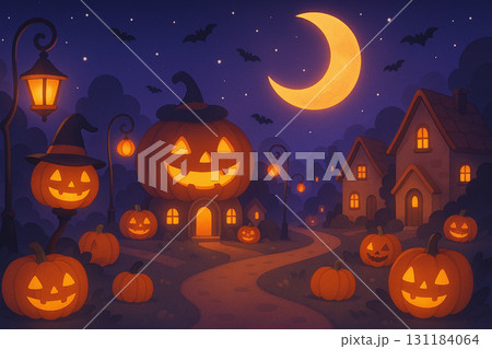 かわいいハロウィンタウンの夜景イラスト　ジャックオーランタンの街 131184064