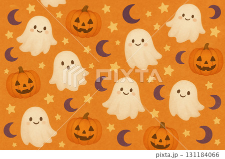 かわいいおばけとかぼちゃのハロウィンパターン背景イラスト 131184066