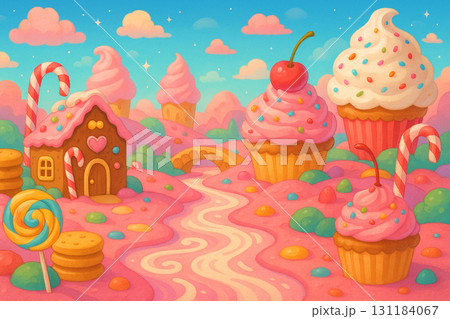 お菓子の国の背景イラスト　カップケーキとキャンディの夢かわ世界 131184067