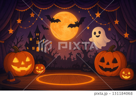 ハロウィンステージ背景イラスト　満月とジャックオーランタン 131184068
