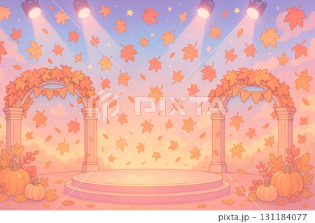かわいい秋のステージ背景イラスト　紅葉と光のファンタジー 131184077