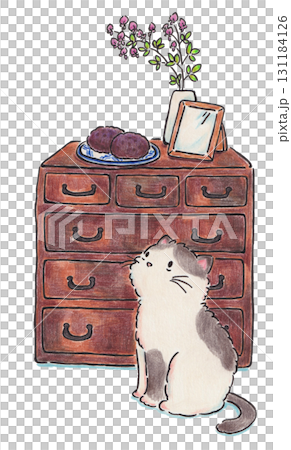 一隻貓看著飯糰的插圖 一隻貓看著飯糰的插圖 131184126