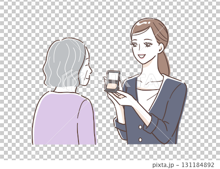 シニアの女性に化粧品を紹介するビューティーアドバイザーのイラスト素材 131184892