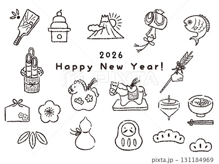 お正月の縁起物の手描き線画アイコンセット お正月の縁起物の手描き線画アイコンセット 131184969