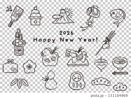 お正月の縁起物の手描き線画アイコンセット お正月の縁起物の手描き線画アイコンセット 131184969