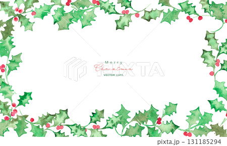 水彩画。水彩タッチのクリスマスひいらぎイラスト。12月のクリスマスフレーム。緑の柊ベクターイラスト。 水彩画。水彩タッチのクリスマスひいらぎイラスト。12月のクリスマスフレーム。緑の柊ベクターイラスト。 131185294