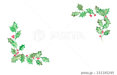水彩画。水彩タッチのクリスマスひいらぎイラスト。12月のクリスマスフレーム。緑の柊ベクターイラスト。 131185295