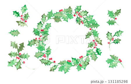 水彩画。水彩タッチのクリスマスひいらぎイラスト。12月のクリスマスフレーム。緑の柊ベクターイラスト。 131185298
