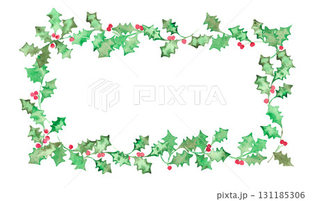 水彩画。水彩タッチのクリスマスひいらぎイラスト。12月のクリスマスフレーム。緑の柊ベクターイラスト。 131185306