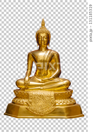 Golden Buddha statue meditating isolated on transparent background PNG file 131185319